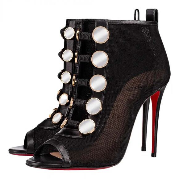 Christian Louboutin Marikate 100 Black Mesh Peep Toe Ankle Bootie Heel Pump 37 - Picture 1 of 12